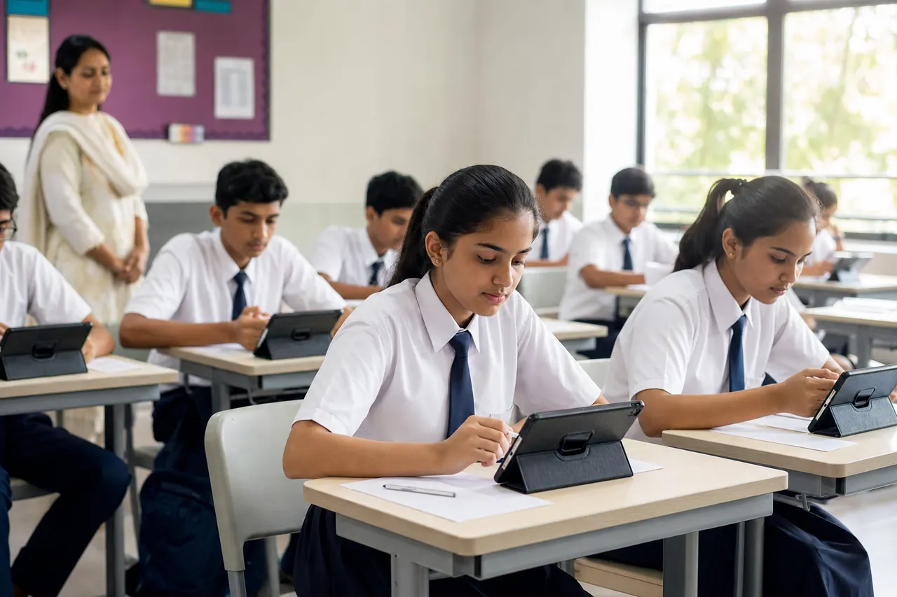 Students in a classroom sitting an exam on tablets while a teacher looks on